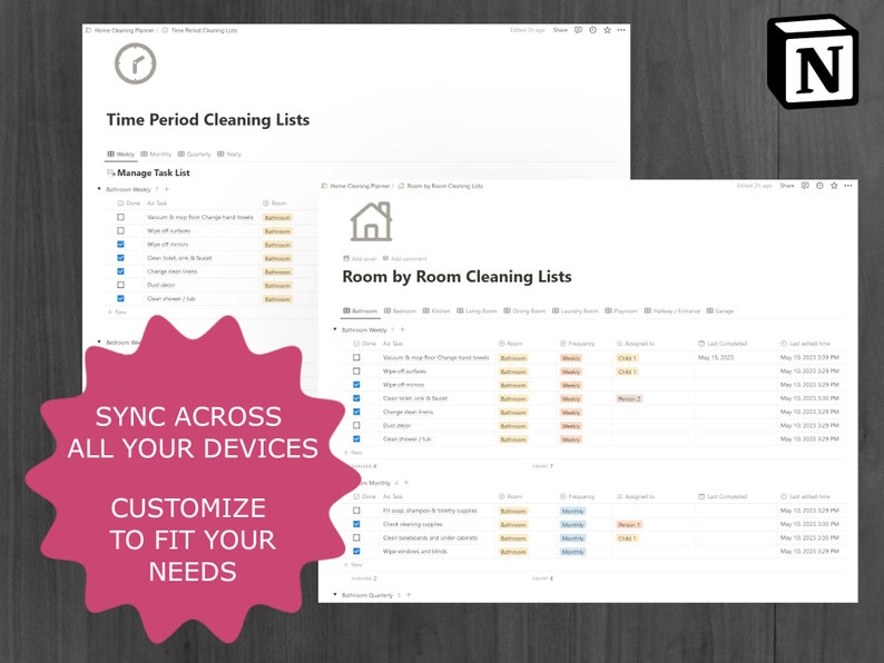 Notion Home Cleaning Template, Weekly Cleaning Planner, Digital Task