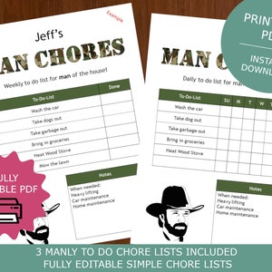 May include: Printable checklist for daily and weekly chores. The checklist is titled "Man Chores" and features a camouflage pattern. The checklist includes tasks such as "Wash the car", "Take dogs out", "Take garbage out", and "Mow the lawn".