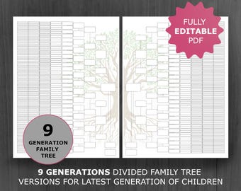 Divided 9 Generation Family Tree Chart with Children: Printable and Editable Genealogy Template (PDF)