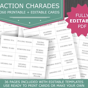 Action Charade-kaarten, 360 afdrukbare bewerkbare Charades, Familiespellen, Charades-actiekaarten, Party Game