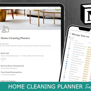 May include: A screenshot of a computer screen showing a home cleaning planner template for the app Notion. The template includes a list of cleaning tasks, a quick add feature, and a section for room-by-room cleaning lists. The template is designed to help users organize and manage their home cleaning.