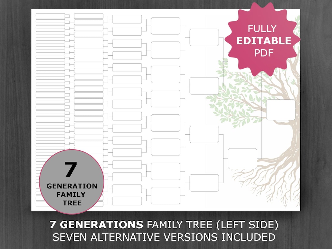 7 Generation Family Tree Chart Left-side: Printable and Editable ...