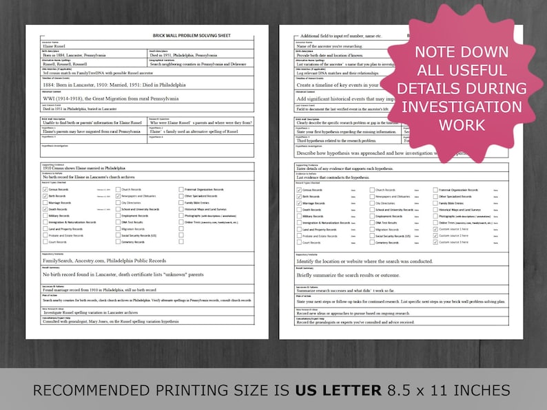 Genealogy Brick Wall Problem Solving Template. Great for Family Reunions and Genealogy Enthusiasts.