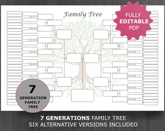 Family Tree Chart 7 Generations. Printable and Editable Family Tree Template. Digital Ancestor/Pedigree Chart. Ancestral Genealogy Template.