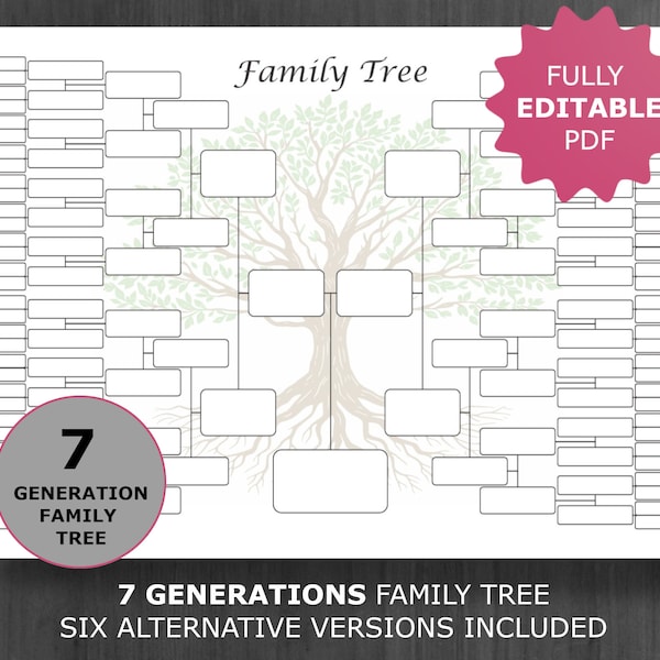 Family Tree Chart 7 Generations. Printable and Editable Family Tree Template. Digital Ancestor/Pedigree Chart. Ancestral Genealogy Template.