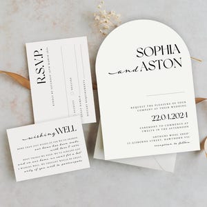 Paquete de invitaciones arqueadas - Colección París - Invitaciones de boda personalizadas e impresas, tarjeta de confirmación de asistencia minimalista y moderna con código QR
