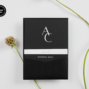 Pacchetto di inviti di nozze neri - Collezione Manhattan - Inviti di nozze stampati, invito nero moderno minimalista con tasca