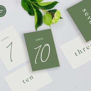 Gepersonaliseerde 5 x 7 tafelnummerkaart - The Hunter Valley Collection.  Elegant bedrukt trouwbriefpapier, saliegroene trouwkaart