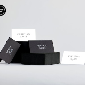 Marque-places Papeterie de mariage imprimée en noir et blanc, encre blanche, papeterie de mariage luxueuse, élégance moderne chic.
