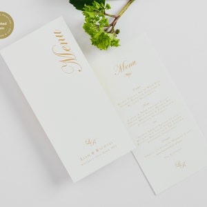 Karta menu weselnego w wersji drukowanej DL - Kolekcja Windsor Drukowane artykuły piśmiennicze ślubne, nazwa stolika, miejsce i karta menu | Gold Script, papier luksusowy