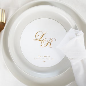 Gedrucktes rundes Hochzeitsmenü - Windsor Collection Circle-Menükarte für den Empfang, individuell bedrucktes Abendmenü, elegantes goldenes Hochzeitstischdekor