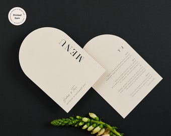 Menù personalizzato ad arco. Carta da lettere per matrimonio stampata, menù minimalista personalizzato. Carta color carne. Tema colori naturali.