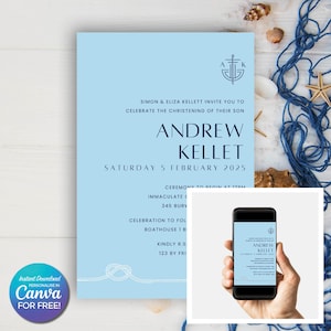 Convite de Batismo Náutico - Convite de Batismo Azul e Branco - Modelo Canva Editável - Cartão de Dedicação de Bebê para Imprimir - Tema Marinheiro