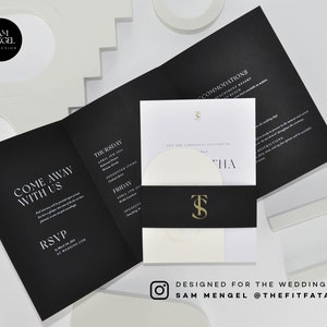Tarjeta de itinerario de boda - Colección de bodas de Sam Mengel - Paquete de invitaciones de boda impresas, tarjeta de detalles personalizada doblada en negro