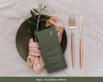 Rustic wedding DL Menu - The Olive Collection. Printed Wedding Stationery, Wedding Menu Card, Printed Menu, Olive Green, Menu and Place Card
