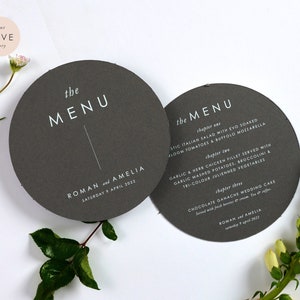 Gedruckte kreisförmige Menükarte - Die VERONA Kollektion Minimalistisches Hochzeitsmenü Runde personalisierte Menü- und Tischkarte