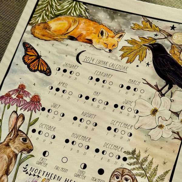 2024 Lunar Moon Phase Calendar with Native Plants and Species - New England Ecosystem Calendar - 8.5"x11" or 11"x14" Print