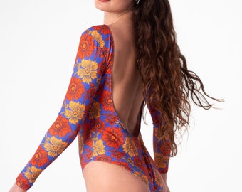 One Piece Swimsuit - "Sunset Stories" One-Piece Long Sleeve Swim with Open Back - Women's Recycled, Sustainable Swimwear.