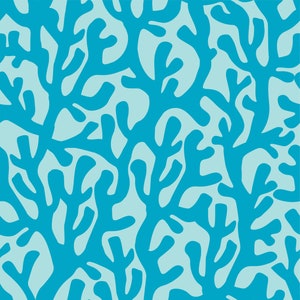 May include: Seamless pattern featuring a repeating design of blue coral branches on a light blue background.