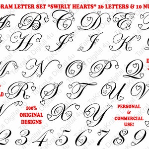 Swirly Herzen, Monogramm Alphabet & Zahlen svg, dxf, png, eps, jpg. Für Schneideplotter und Drucker. 180 Individuelle Dateien. Originalentwürfe.