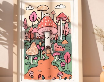 Funky Mushroom Forest Art Print: Retro Playful Home Decor