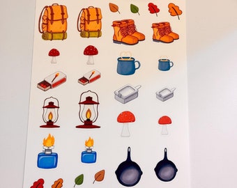 Hiking Gear Sticker Sheet: Whimsical Adventure, Cottagecore Style