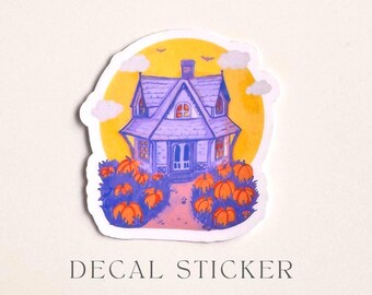 Spooky House Die-Cut Sticker: Halloween Pumpkin Patch, Holo or Matte