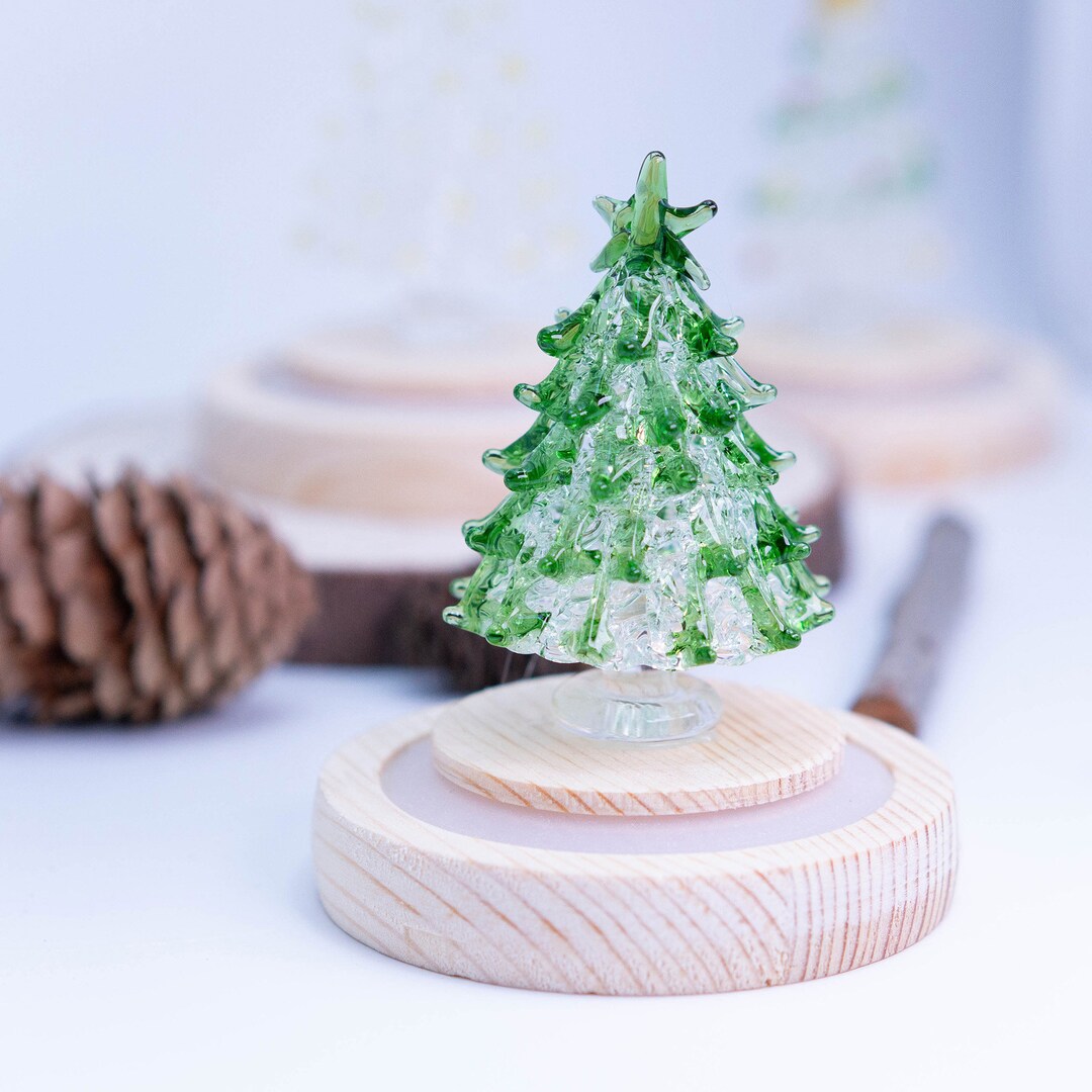 Handcrafted Glass Christmas Tree Figurine With Glass Dome Cover