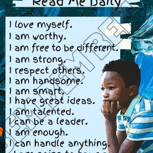 Digital Black Boy Daily Affirmations Print 8&quot;X10&quot;, Abstract Paint background with fingerpaint text, African American Boy Painting Wall Art