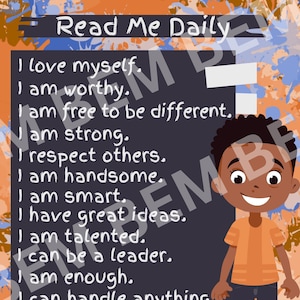 Digital Black Boy Daily Affirmations Print 8&quot;X10&quot;, Paint Splatter background with fingerpaint text, African American Boy Wall Art