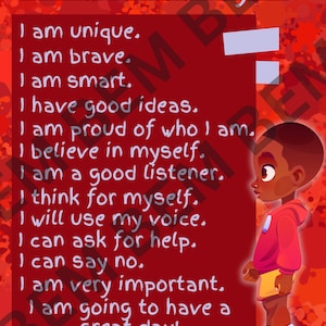 Digital Black Boy Daily Affirmations Print 8&quot;X10&quot;, Red Paint Splatter background with fingerpaint text, African American Boy Wall Art