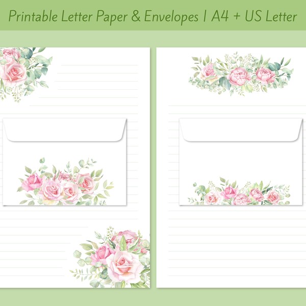 Briefpapier-Set zum Ausdrucken mit Aquarellen von Rosen | A4 + US Letter