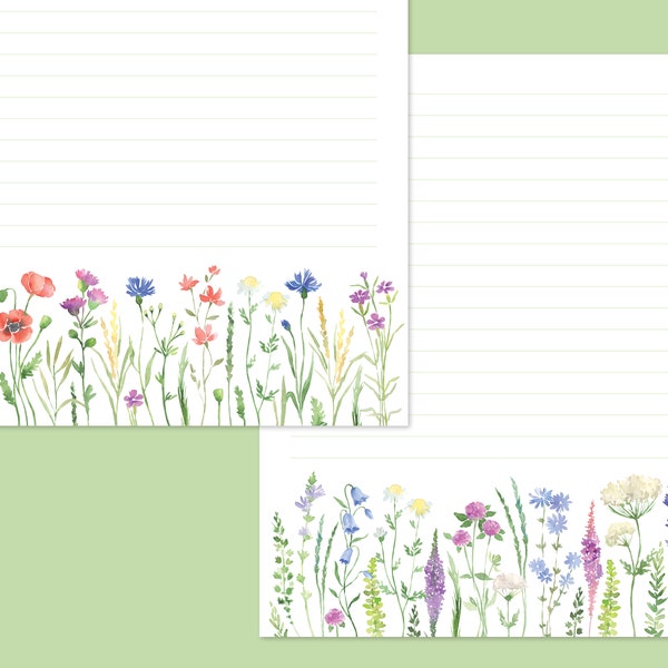 Printable floral letter paper with watercolor wildflowers in A4 US Letter