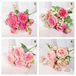 May include: Four bouquets of pink artificial roses with green leaves and small white flowers. Each bouquet is labeled with a number from 1 to 4.