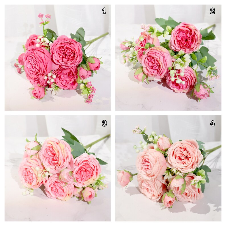 May include: Four bouquets of pink artificial roses with green leaves and small white flowers. Each bouquet is labeled with a number from 1 to 4.