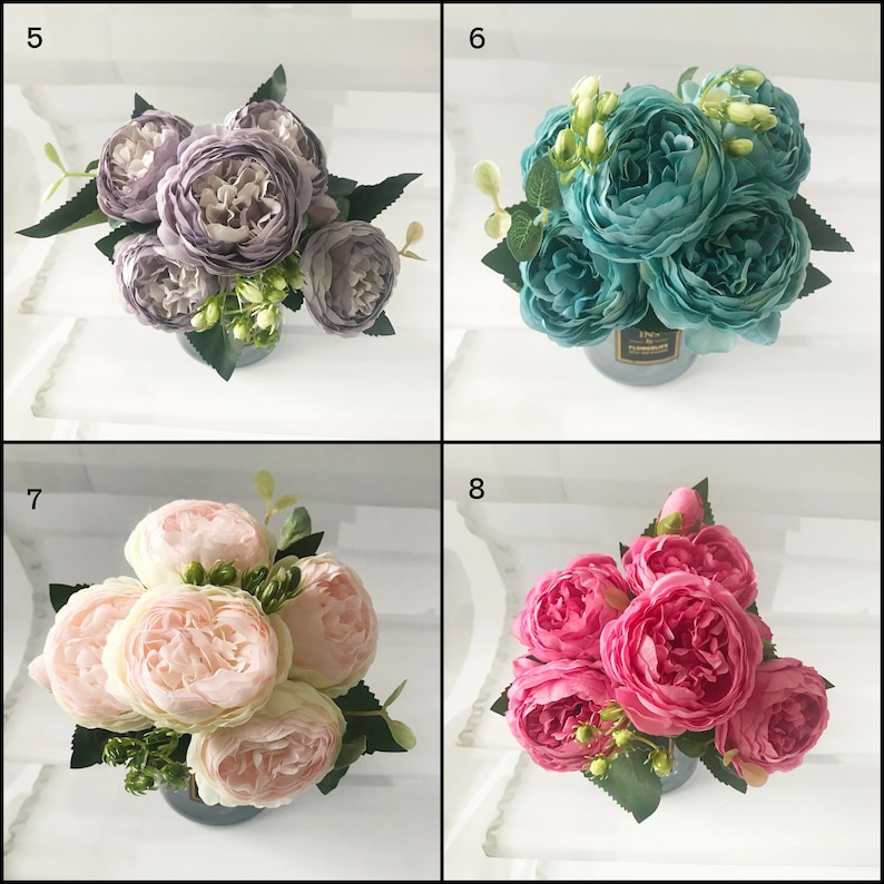 Artificial Peony Bouquet 12 inches tall Bouquet with 9 heads of Artificial Peony Flowers Home Decoration Wedding Decoration Crafting image 8