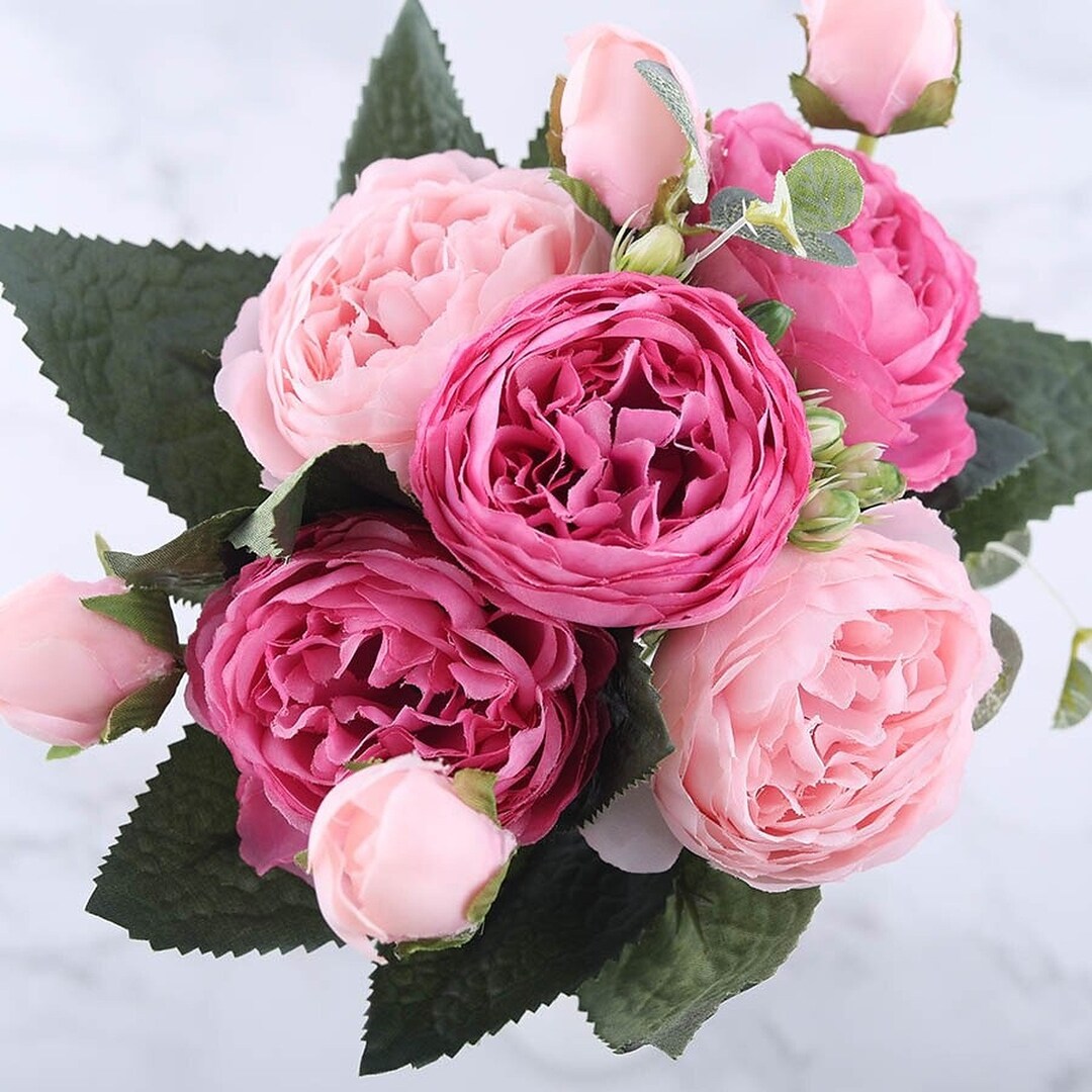 Artificial Peony Bouquet 12 Inches Tall Bouquet With 9 Heads of