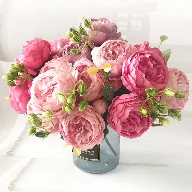 Artificial Peony Bouquet 12 inches tall Bouquet with 9 heads of Artificial Peony Flowers Home Decoration Wedding Decoration Crafting image 1