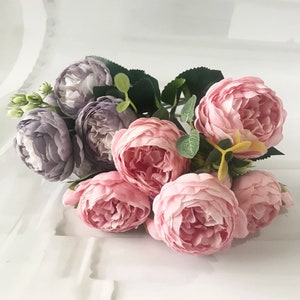 Artificial Peony Bouquet 12 inches tall Bouquet with 9 heads of Artificial Peony Flowers Home Decoration Wedding Decoration Crafting imagem 3