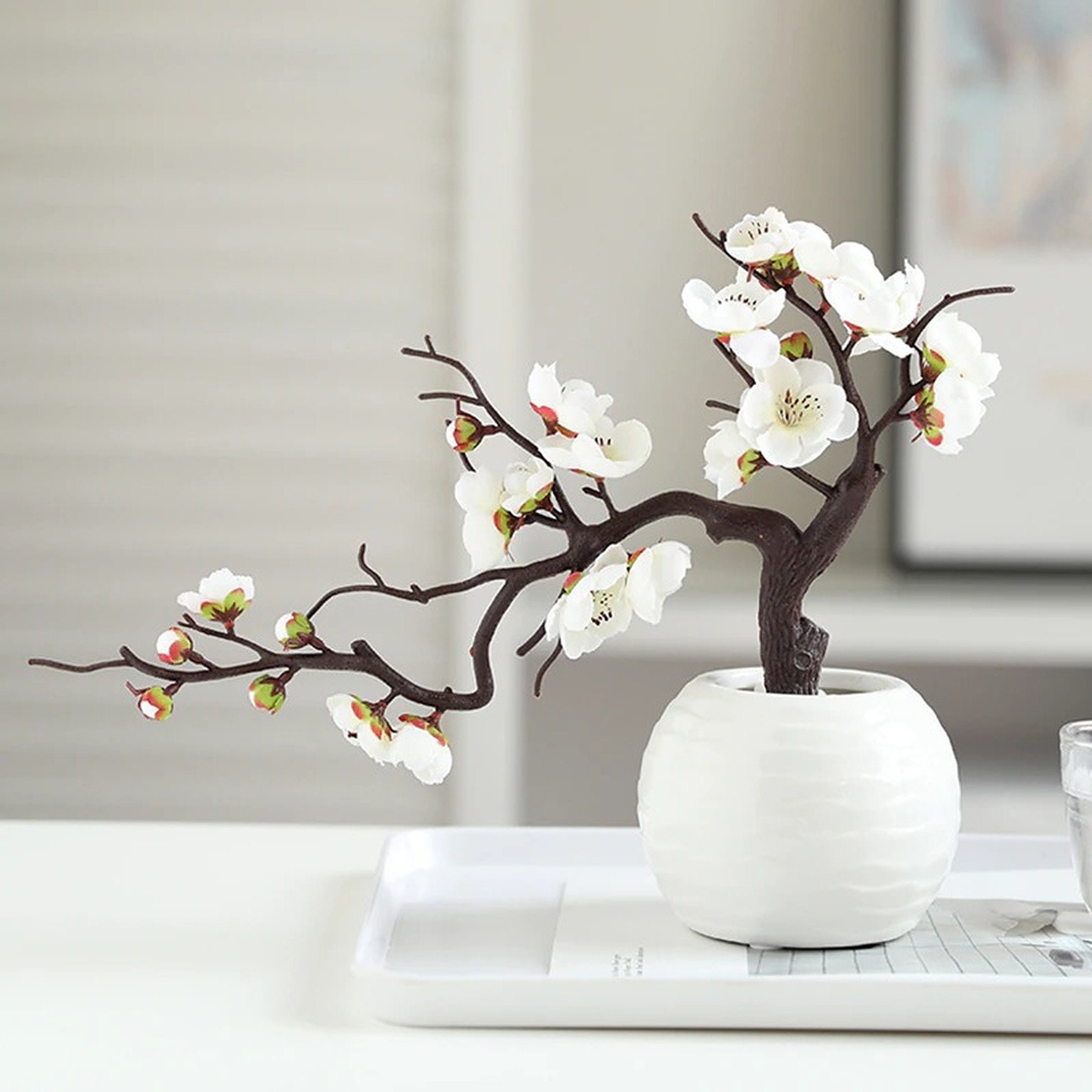 ARTIFIPLANT Plum Blossom Flowers,6 Pcs Artificial Pink Cherry Blossom Silk  Flowers,Fake Cherry Stems,Faux Cherry Blossom Branches for Home and Office