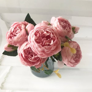 Artificial Peony Bouquet 12 inches tall Bouquet with 9 heads of Artificial Peony Flowers Home Decoration Wedding Decoration Crafting image 4