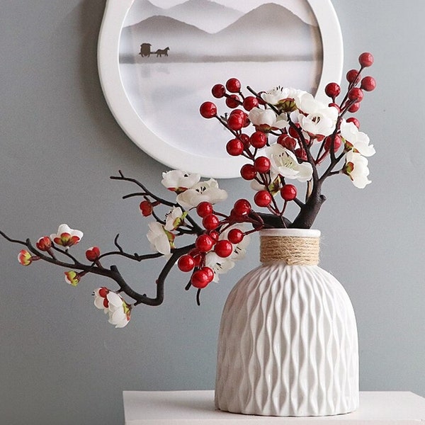 Cherry Red Plum Blossom \  Silk Cherry Blossom Branch \ Japanese Sakura Flower \ Traditional Chinese Plum \ Floral Arrangement \ Home Decor