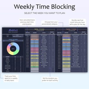 Puede incluir: Un planificador digital de bloques de tiempo semanal con el t&iacute;tulo "Weekly Time Blocking". El planificador incluye secciones para la hora de inicio, la categor&iacute;a, la actividad y la duraci&oacute;n. Cuenta con un gr&aacute;fico circular codificado por colores para el seguimiento del tiempo.
