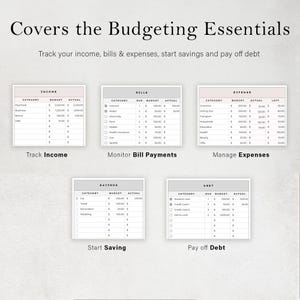 May include: A printable budgeting worksheet with sections for tracking income, bills, expenses, savings, and debt. Each section has a table with columns for category, budget, actual, and left or due. The worksheet is designed to help people manage their finances.