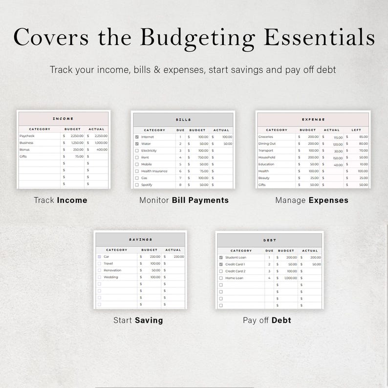 May include: A printable budgeting worksheet with sections for tracking income, bills, expenses, savings, and debt. Each section has a table with columns for category, budget, actual, and left or due. The worksheet is designed to help people manage their finances.