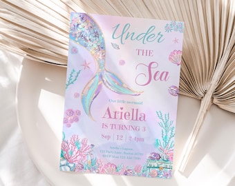 Under The Sea Birthday Invitation Mermaid Birthday Invitation Ocean Girl Theme Party Invite Mermaid Tail EDITABLE Instant Digital M02