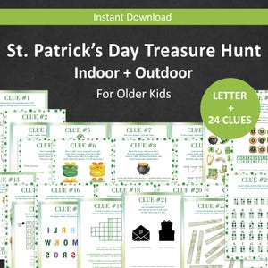 Puede incluir: Un juego de búsqueda del tesoro del Día de San Patricio para niños mayores. El juego imprimible incluye 24 pistas para divertirse en interiores y exteriores. El diseño presenta elementos verdes y blancos.