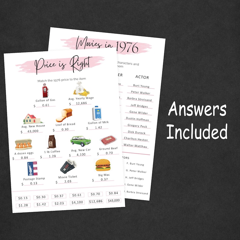 Pode incluir: Duas folhas de papel brancas com texto e ilustra&ccedil;&otilde;es. Uma folha &eacute; intitulada "Price is Right" e mostra os pre&ccedil;os dos itens de 1976. A outra folha &eacute; intitulada "Movies in 1976" e lista os atores. As palavras "Answers Included" tamb&eacute;m s&atilde;o vis&iacute;veis.