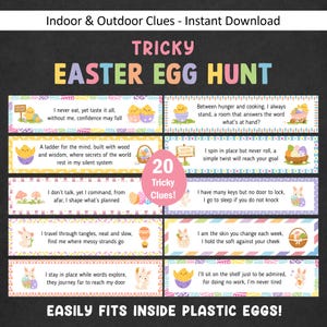 May include: A set of 20 tricky Easter egg hunt clues, designed to fit inside plastic eggs. The design features pastel colours, Easter-themed illustrations, and playful text for indoor and outdoor fun.