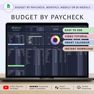 Könnte beinhalten: Ein Laptop-Bildschirm zeigt eine Budget-Tabelle mit dem Titel "Budget nach Gehaltsscheck" mit Datenvisualisierungen und Finanzkategorien. Der Bildschirm zeigt den Text "Madeline's Budget" und bietet Optionen wie "Einfach zu bedienen" und "Sofort-Download."